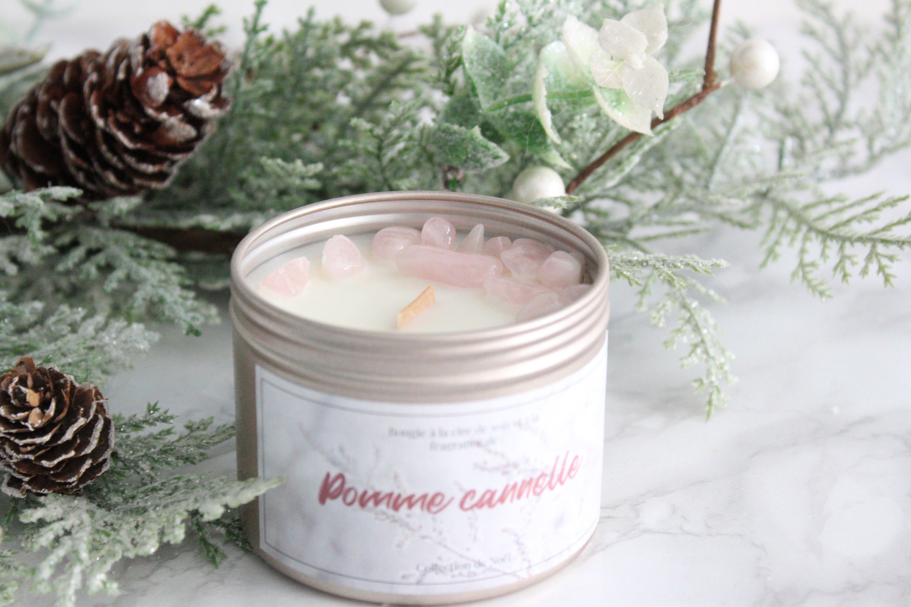 Bougie Pomme Cannelle, Bougie Cire de Soja Christmas Candle, Quartz, Pierres Semi Précieuses, Apaisa