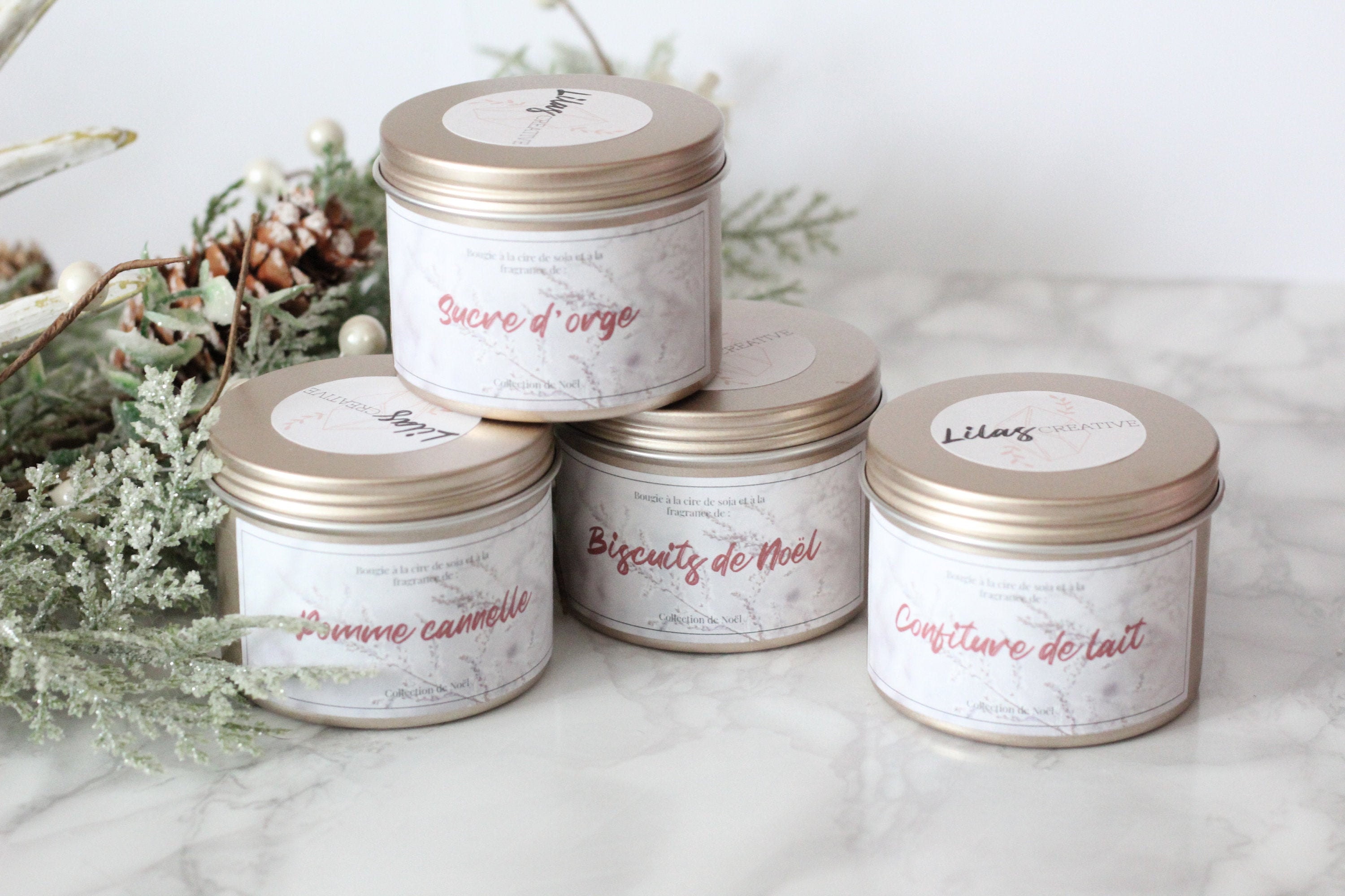 Coffret Bougie Gourmandises de Noel 4 Bougies Naturelles Pierres Box Lithothérapie Biscuit Pomme Can