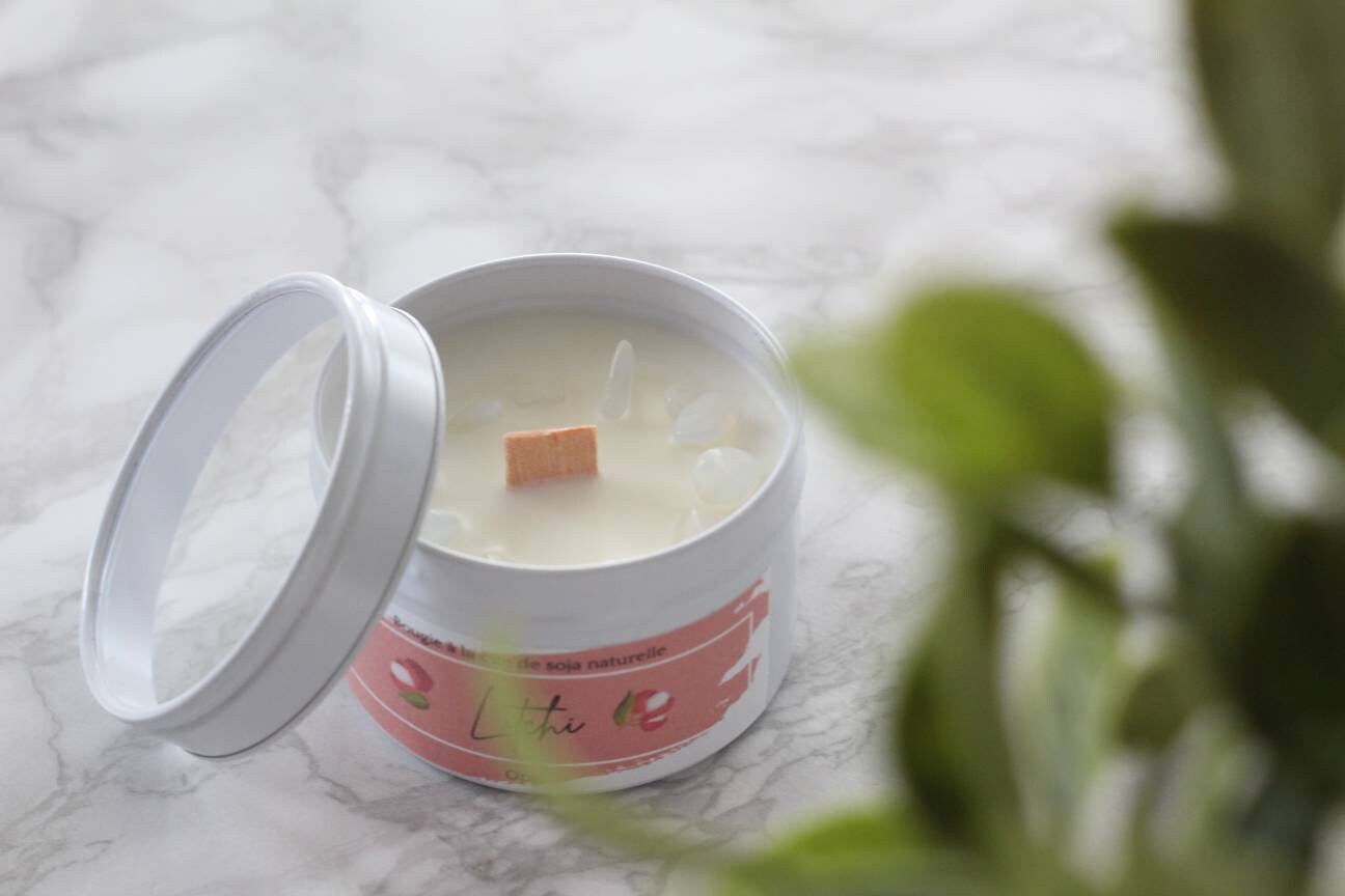 Bougie Litchi, Bougie Pierre Précieuse, Opale Protectrice Cadeau Cire de Soja Naturelle Pierres