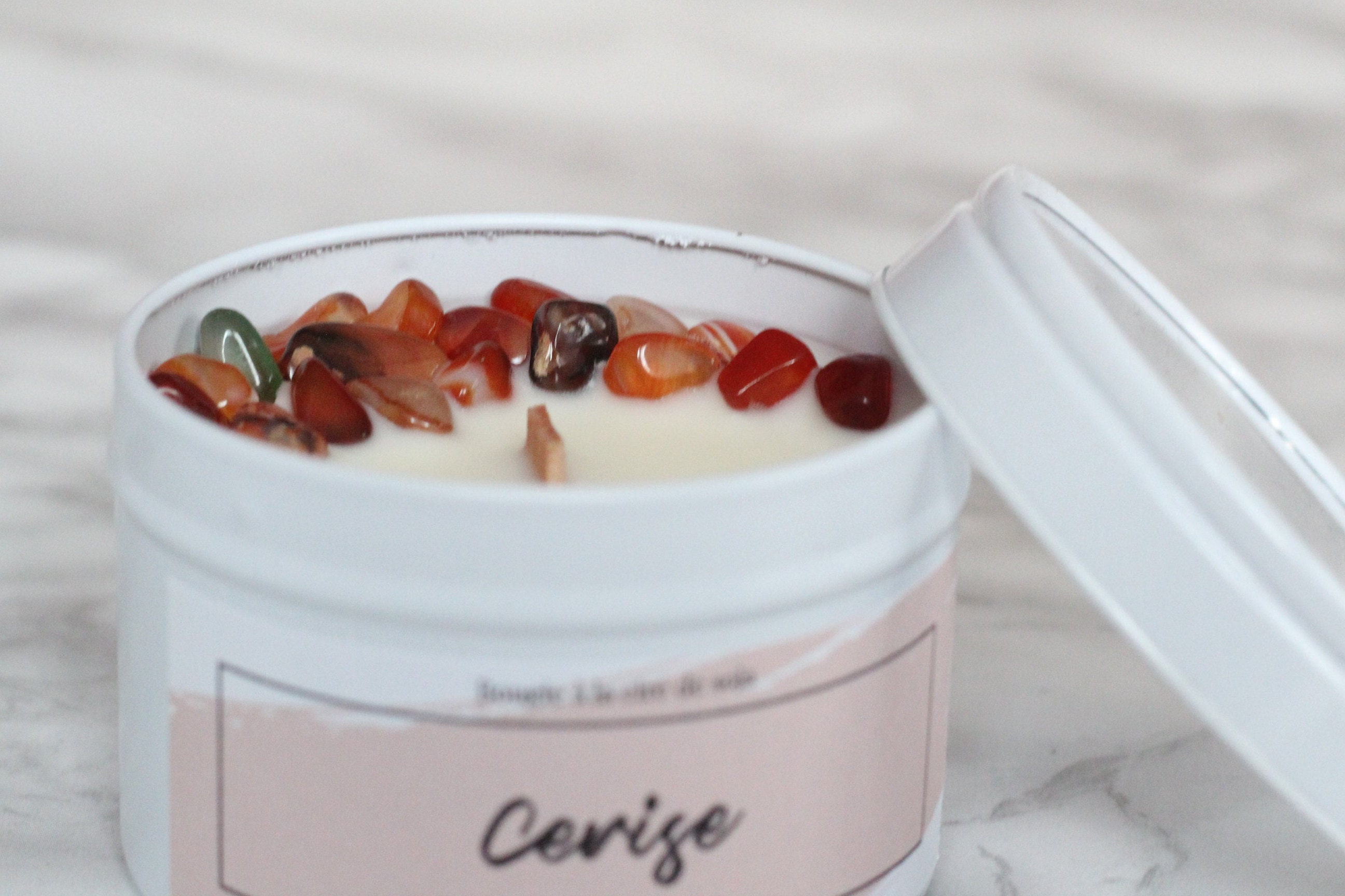 Bougie Cerise, Bougie Pierre Précieuse, Agate Rouge Émotionnelle Cadeau Cire de Soja Naturelle Crépi