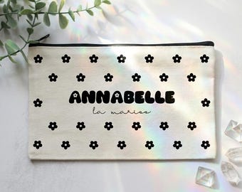 Bolso de mano nupcial personalizado, neceser de maquillaje, regalo para damas de honor, despedida de soltera bohemia, estuche de algodón personalizable con estampado floral retro.