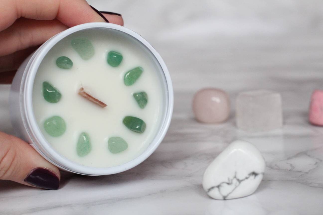 Bougie Amande, Bougie Pierre Précieuse, Aventurine, Calme Cadeau Cire de Soja, Naturelle, Crépitante