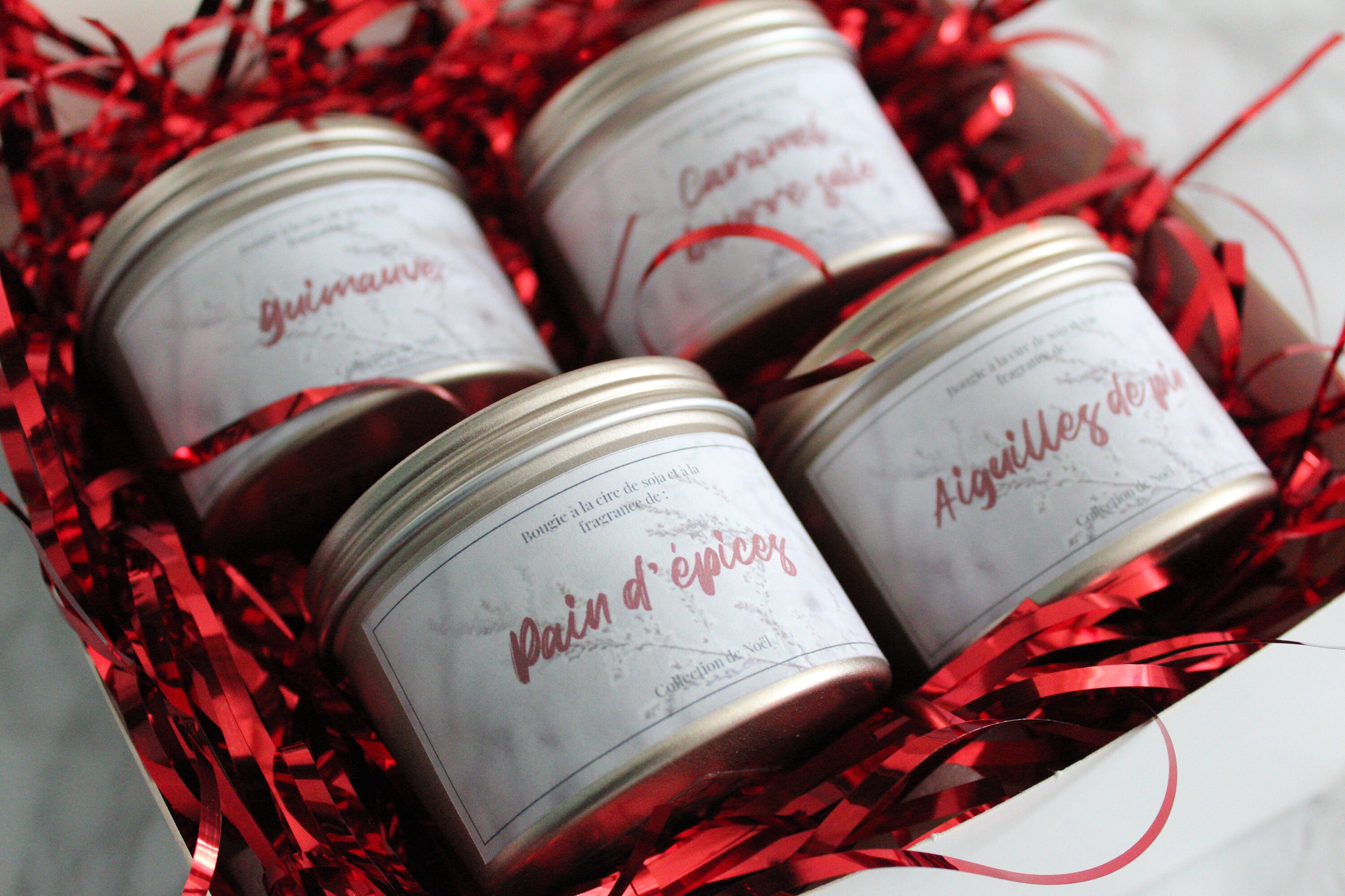 Coffret Bougie Ambiance de Noel, 4 Bougies Naturelles Pierres, Box Pin Pain d'épices Caramel Guimauv