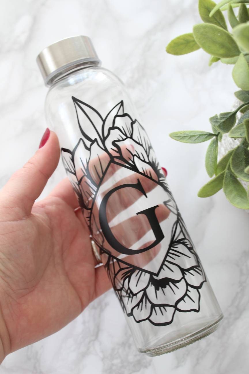 500Ml Gourde Fleurs Initiale Prénom Bouteille Customisé, Cadeau Personnalisé Verre Fait Main Petite 