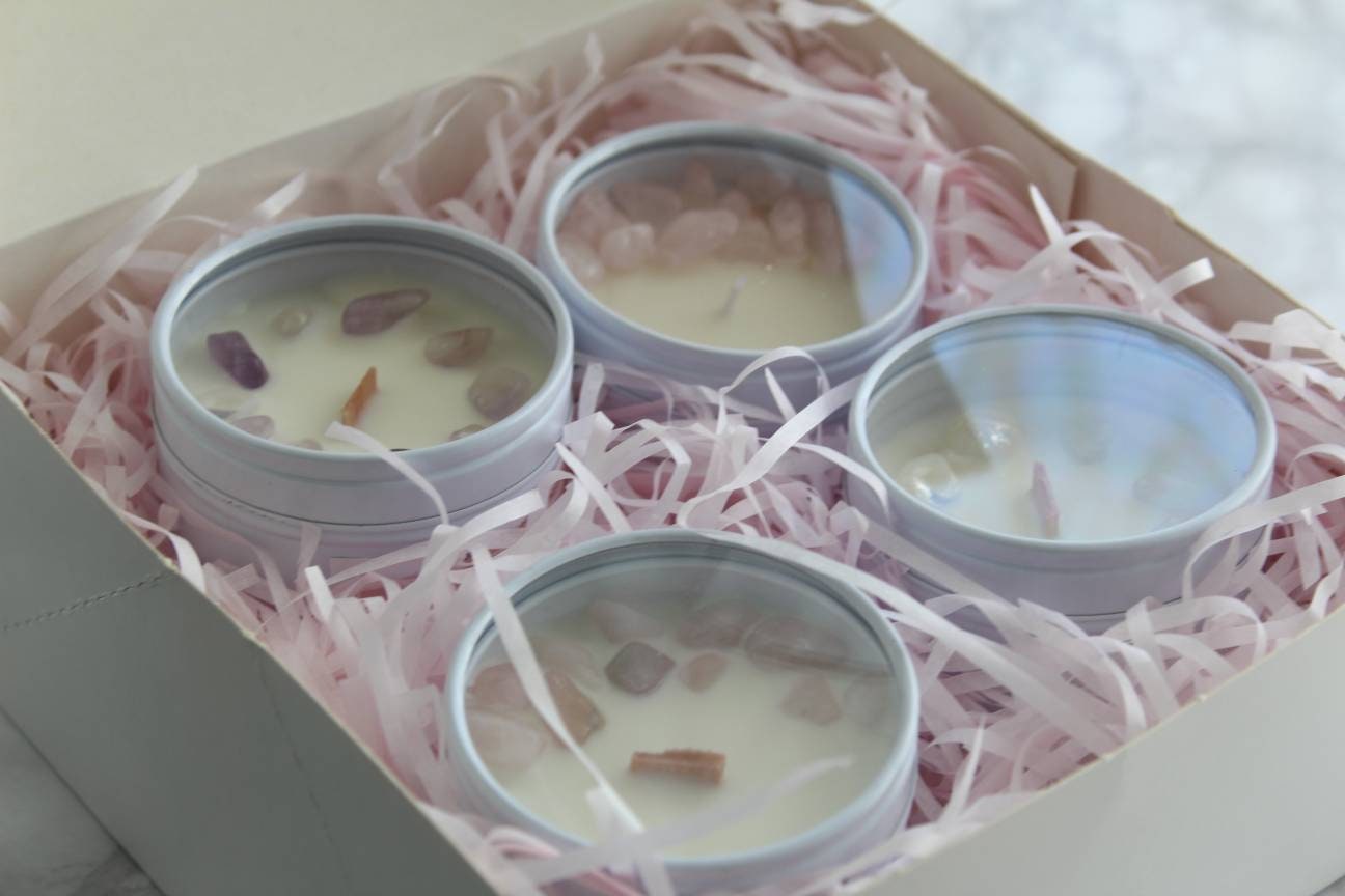 Coffret Bougie Parfums Floral 4 Bougies Naturelles Pierres Box Lithothérapie Coffret Cadeau Bougies 