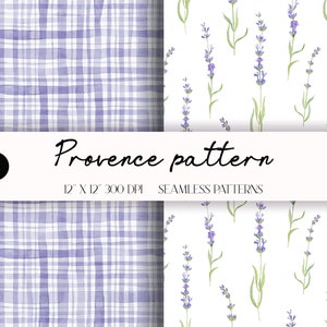 May include: Two seamless patterns, one with a purple and white plaid design and the other with a white background and purple lavender flowers. The text "Provence pattern" is displayed in the center of the image.