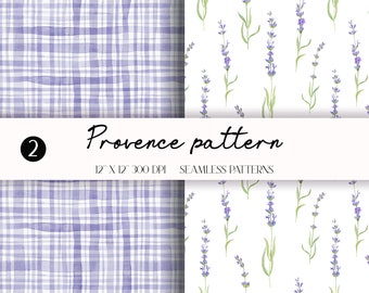 Watercolor Provence Pattern: Floral & Checkered Seamless Clipart (PNG Digital Paper)