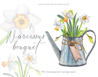 Watercolor Watering Can Spring bouquet narcissus white daffodils Flower garden Valentine&#39;s Day Clipart PNG Gardening Blooms Farmhouse