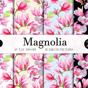 Acuarela de patrones sin fisuras PNG Flores de magnolia Rosa Paquete de papel vintage digital Diseño de tela de impresión Conjunto de álbum de recortes de fondo Papeles florales