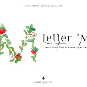 Letra aquarela M png Casamento Cliparts Botânico Berry Alfabeto Monograma separado Decoração de berçário PNG 300dpi download digital