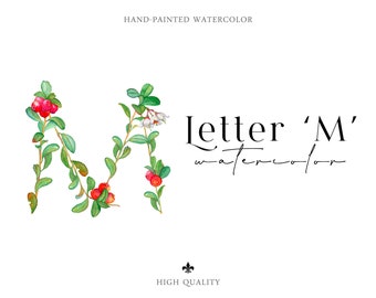 Clipart floreale con lettera M ad acquerello: monogramma botanico (download digitale)