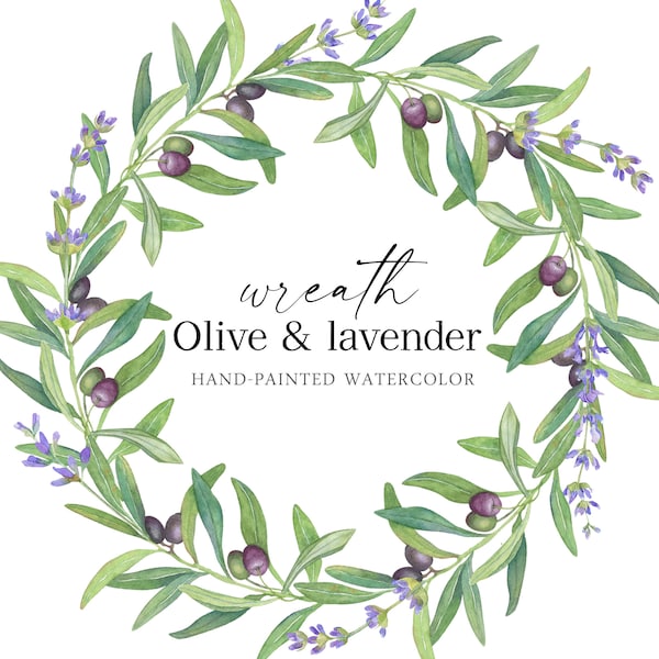 Watercolor Olive lavender wreath Easter Printable Decor Greenery circle frame branch foliage green wedding invite card digital botanical PNG