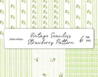 Watercolor Strawberry Seamless Patterns: Vintage Cottagecore Digital Paper (PNG, JPEG)