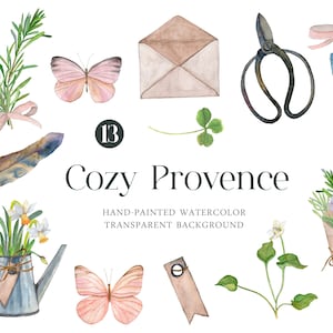 May include: A set of 13 watercolour illustrations featuring a variety of nature-inspired elements, including butterflies, feathers, sprigs of rosemary, a watering can, a clover, a closed envelope, and a pair of pruning shears. The illustrations are hand-painted and have a soft, romantic feel. The text "Cozy Provence" and "Hand-painted Watercolour Transparent Background" is included in the image.