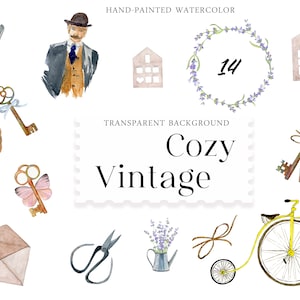 Acuarela vintage clipart Romántico antiguo conjunto Carta Vieja Llave tijeras caballero retro bicicleta pluma lavanda ramo PNG Scrapbooking