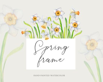 Watercolor narcissus white frame Spring bouquet daffodils Flower garden Valentine's Day Clipart PNG Gardening Blooms Farmhouse