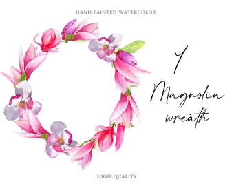Watercolor frames pink flowers magnolia wreath wedding baby shower Thank You Cards instant download elements PNG