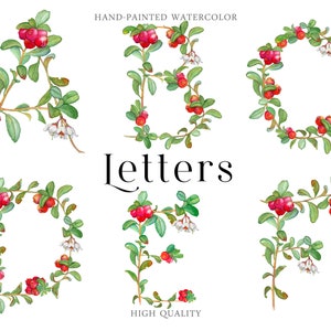 Acuarela Alfabeto Letras iniciales Bosque estilo botánico Elementos separadosLingonberry Woodland Wedding Decor monogram tarjeta logo Estacionario