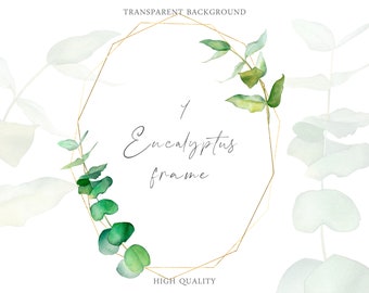 Moldura dourada de eucalipto em aquarela: convite de casamento botânico (download digital em PNG)