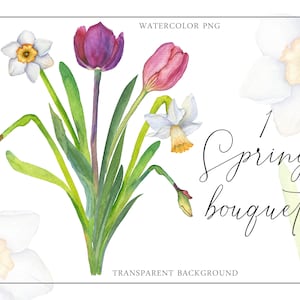 May include: Watercolor painting of a spring bouquet with purple tulips, white daffodils, and green leaves. The text "1 Spring Bouquet" is written in cursive on a white background.