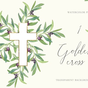 Aquarela Cruz Dourada católica Batismo Páscoa Clipart PNG convite de ramo de oliveira Primeira Comunhão símbolo tradicional Design de Sublimação