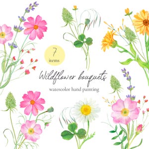 Watercolor Summer Flower Bouquets Clipart Cottagecore Wildflower PNG Set of 7 Floral Illustrations for Scrapbooking Invitations Crafts