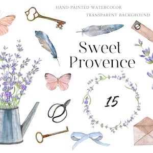 May include: Watercolour illustration set of 15 lavender floral elements, including a wreath, butterflies, keys, a feather, a watering can, scissors, and an envelope. The set is titled "Sweet Provence".
