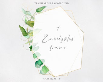 Aquarell Eukalyptus Geometrische Rahmen Botanische Gold Borte Hochzeit Hochzeit Taufe Einladung Grün blätter Blätter Grußkarte