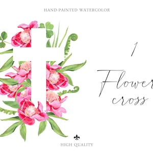 Aquarela Flor Dourada Cruz Católica Batismo Páscoa Clipart PNG convite peônia Primeira Comunhão símbolo tradicional Design de Sublimação