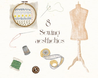 Sewing kit Vintage Clipart Png Hobby Set Decor Needlework Stitching Mannequin digital download