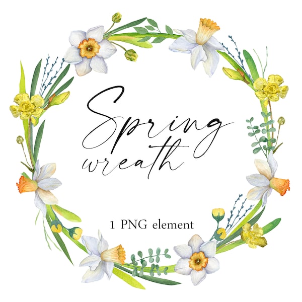 Watercolor Easter Spring Wreath white daffodil Greenery Leaf Foliage Botanical Circle floral frame PNG instant download Digital illustration