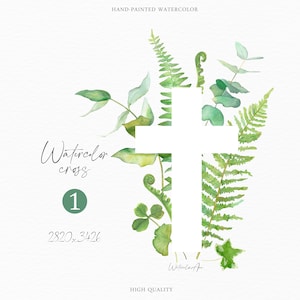 Croix catholique aquarelle fougère eucalyptus PNG baptême Clipart verdure invitation première communion symbole traditionnel Sublimation impression d'art