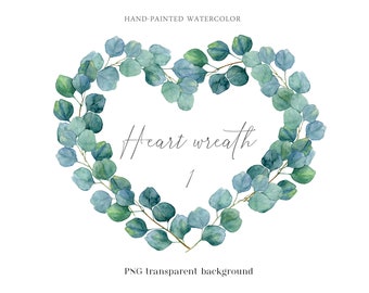 May include: Watercolor painting of a heart-shaped wreath made of eucalyptus leaves. The wreath is green and blue and has a white background.