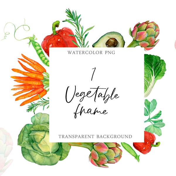 Watercolor vegetable frame border PNG cabbage carrot bell pepper peas artichoke avocado rosemary Spring farm individual Harvest set