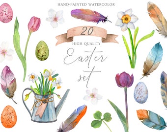 Watercolor Easter set colorful eggs spring flowers tulips daffodils watering can bird feathers Clipart for cards invitations digital PNG