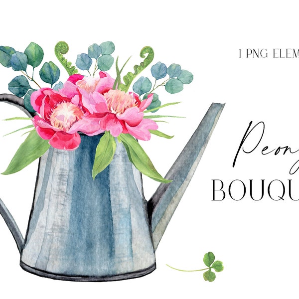 Clipart bouquet Flower garden PNG Watercolor Plant Watering Can Gardening Blooms Pink Peonies Greenery branches Eucalyptus Leaves Farmhouse