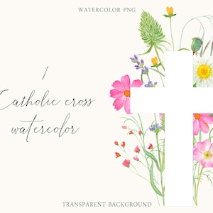 Aquarelle florale croix catholique clipart baptême Clipart PNG fleur faire-part Première communion symbole traditionnel Sublimation Design