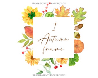 Watercolor autumn frame forest botanics elements foliage clipart Woodland plants Wild flora berries Fern Clover Mushroom Feather Digital PNG