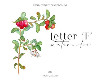 Watercolor Letters F Forest botanical style Separate elements Alphabet Lingonberry Woodland Wedding Blush Decor Monogram Font Initial logo