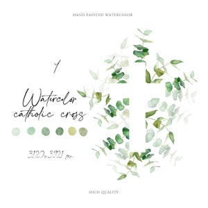Aquarela Cruz Católica Páscoa Batismo Clipart PNG eucalipto verde convite Primeira Comunhão símbolo tradicional Sublimação Design