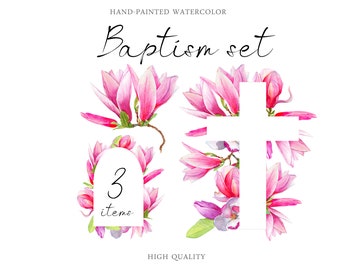 Watercolor Baptism flower set Cross Magniolia frame Easter Clipart PNG floral invitation First Communion traditional symbol Sublimation art