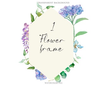 Watercolor frame flowers wreath blue hydrangea eucalyptus thinking of you instant download elements PNG wedding birthday Invitation