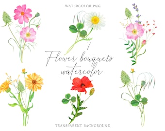 Watercolor Wildflower bouquet collection Boho floral summer spring clipart Garden Wedding invitation Minimalistic Flower Greenery png