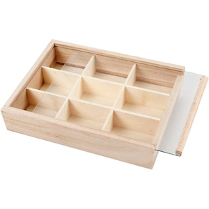 May include: A rectangular light-coloured wooden storage box featuring nine individual compartments arranged in a grid. The box includes a clear, sliding acrylic lid that is partially open, revealing the empty interior sections of the organiser.