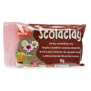 May include: A 1kg package of Scola clay air-dry modelling clay in a brown plastic wrapper. The packaging features the brand name Scola clay, a graphic of a potted flower with a face, a small ladybug, and the text Made in Britain.