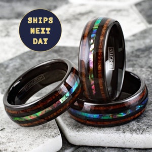 Koa Wood & Abalone Stripe, Men's Wedding Band, Eternity Ring, Mens Promise Ring
