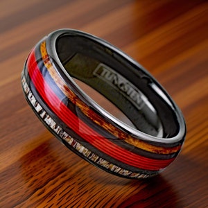 Whiskey Barrel Wood, Red Fishing Line, & Antler Ring, Men Outdoor Hunting Gift