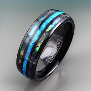 Abalone Shell Ring with Blue Opal, Mens Tungsten Ring, The Maui