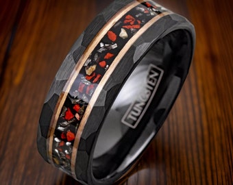 Fossilized Dinosaur Bone Ring, Black Tungsten Band with Meteorite & Rose Gold Stripe