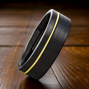 Guitar String Ring. Black Brushed Tungsten with Offset Guitar String Inlay, The Musician Gift